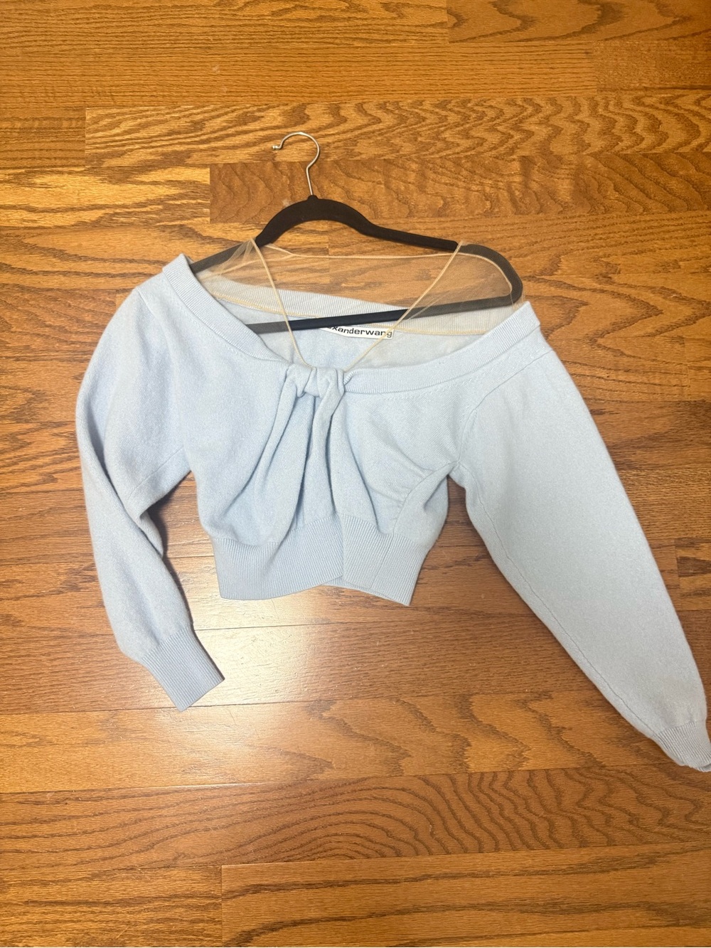 Alexander Wang Cropped Off Shoulder Wool Cashmere Sweater Baby Blue Tulle Bow XS